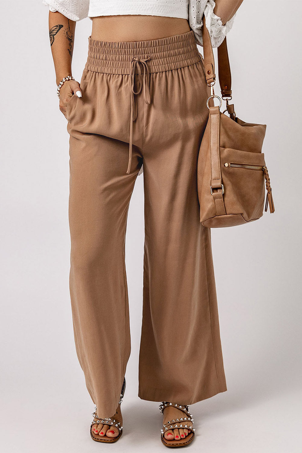 Pantalones anchos casuales con cintura elástica con cordón marrón