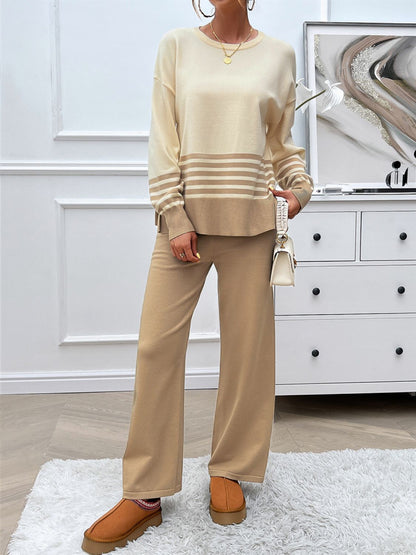 Divine Collection Slit Striped Round Neck Top and Pants Sweater Set