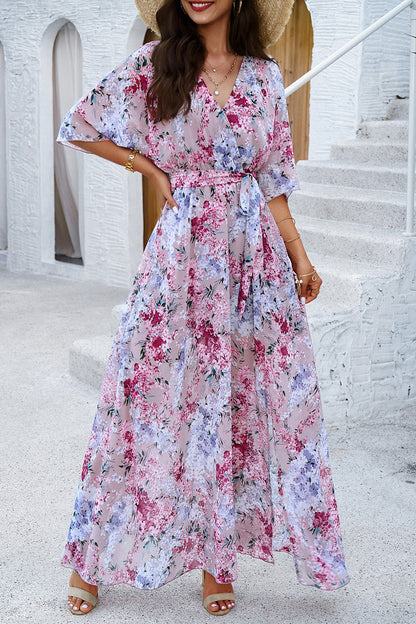 Divine Printed Tied Half Sleeve Slit Dress