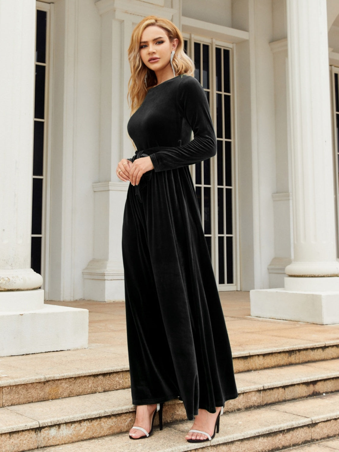 Holiday Tie Front Round Neck Long Sleeve Maxi Dress