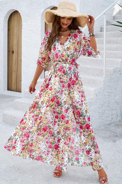 Divine Printed Tied Half Sleeve Slit Dress