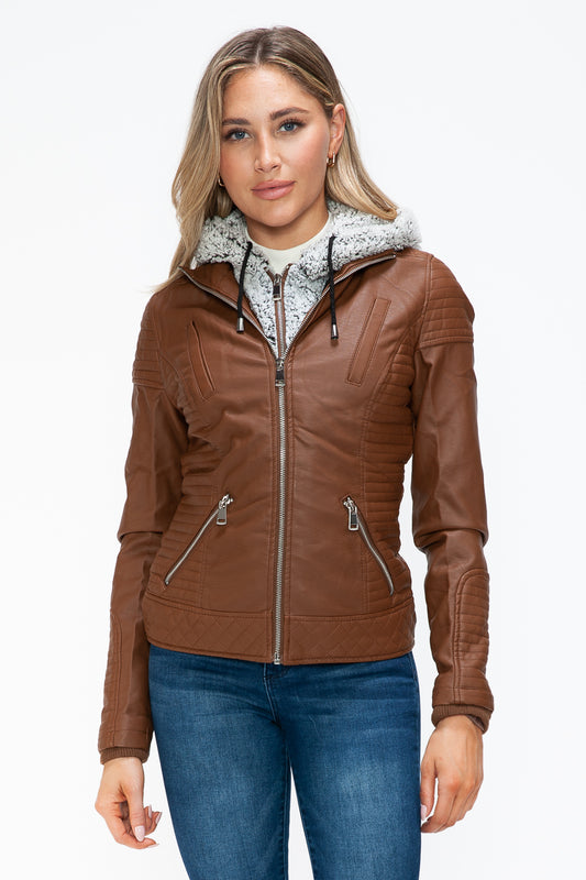 Faux Layered Double-Zipper Jacket with Fuzzy Hood