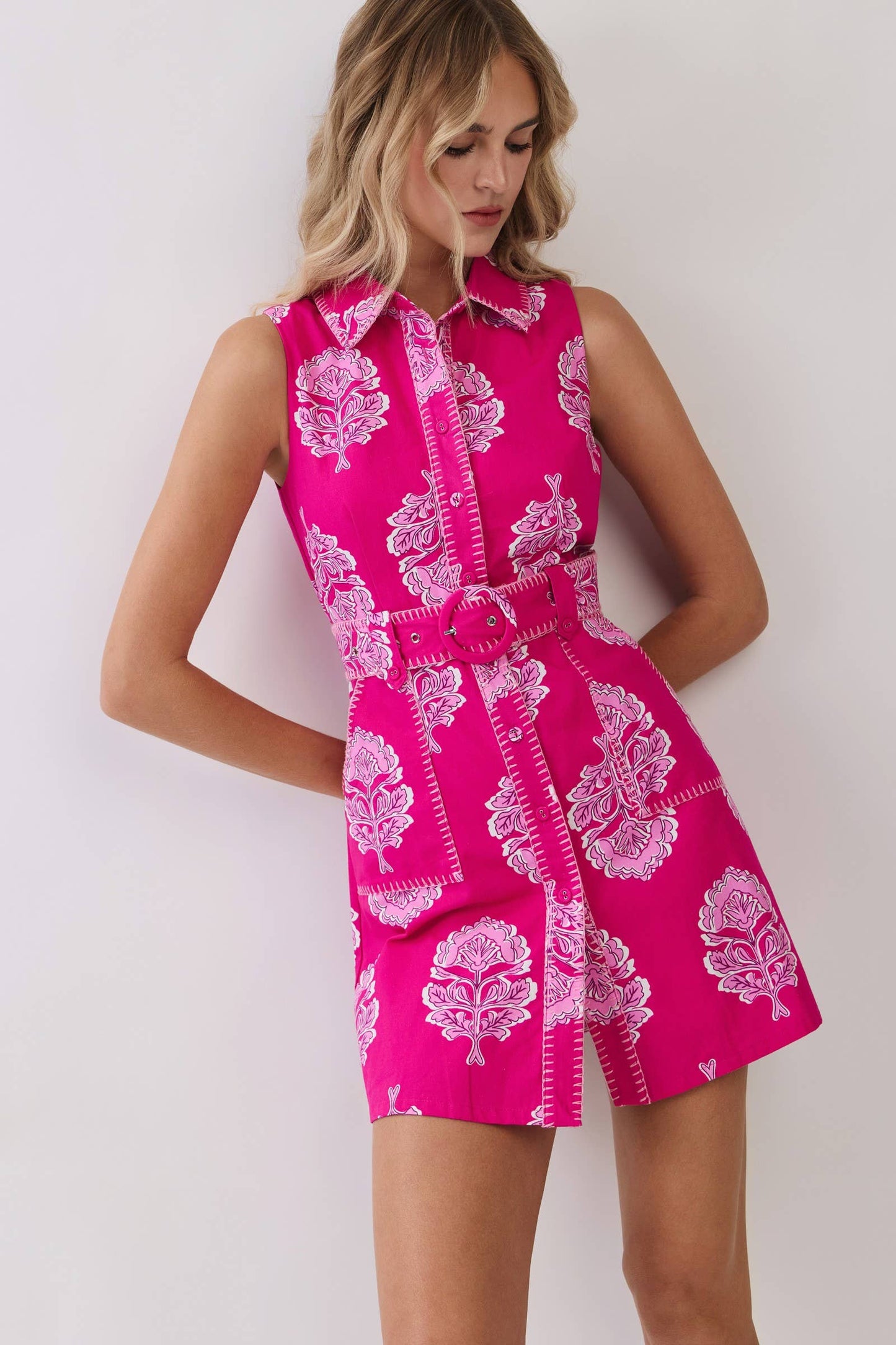 Damask Print Contrast Stitch Trim Shirt Dress