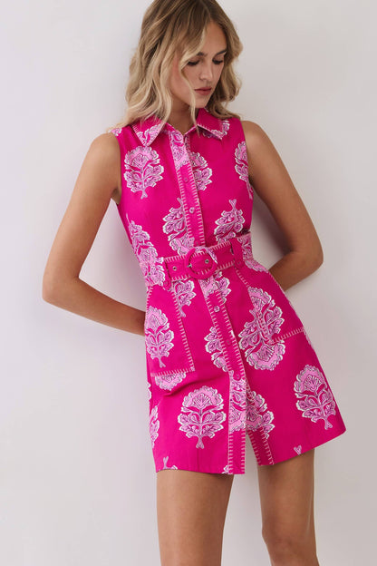 Damask Print Contrast Stitch Trim Shirt Dress