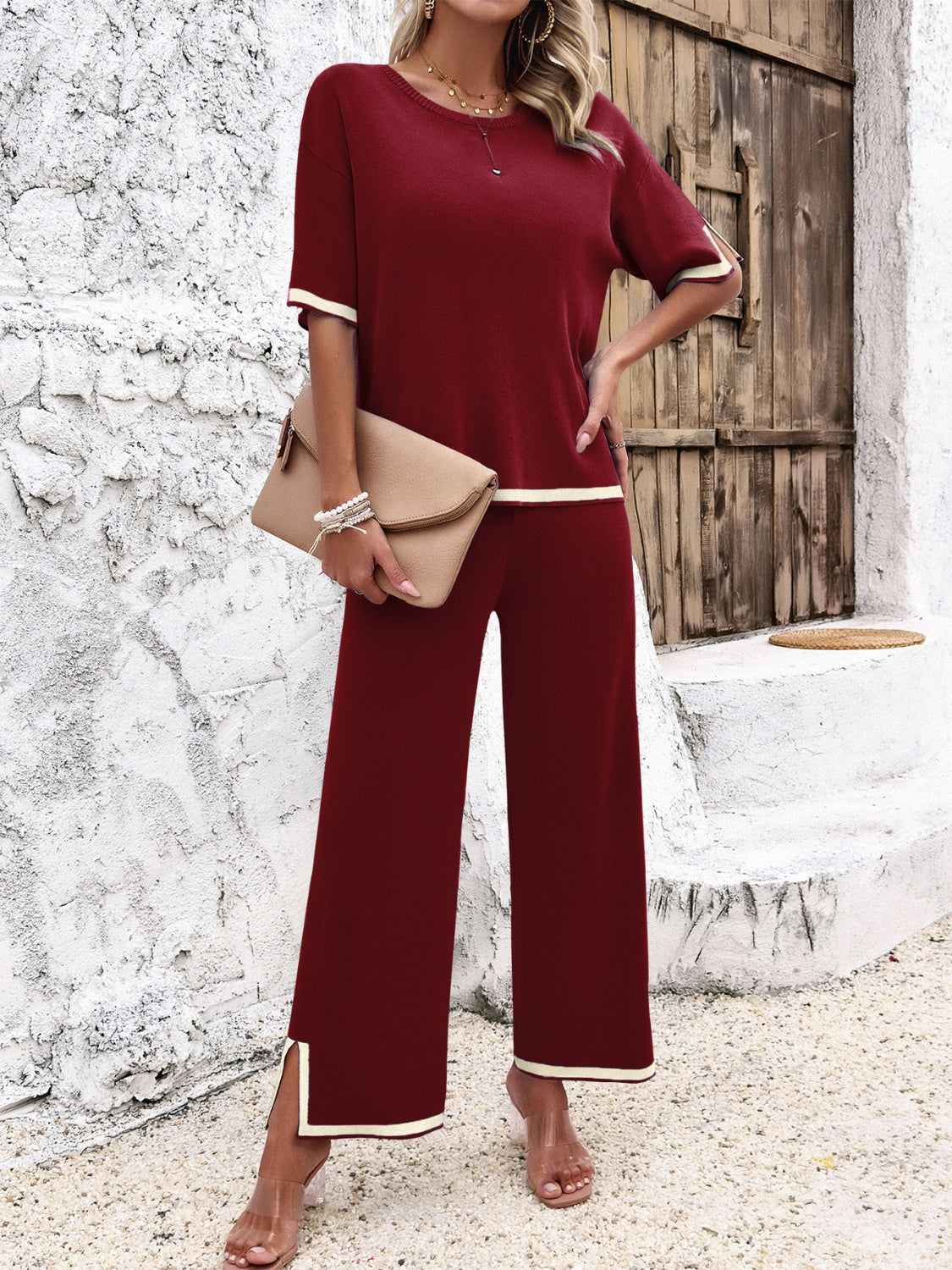 Divine Contrast Trim Round Neck Top and Pants Set