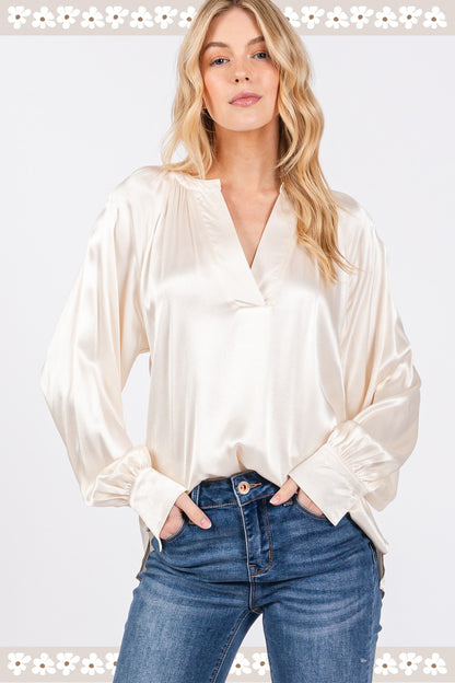 Satin Notched Long Sleeve Blouse