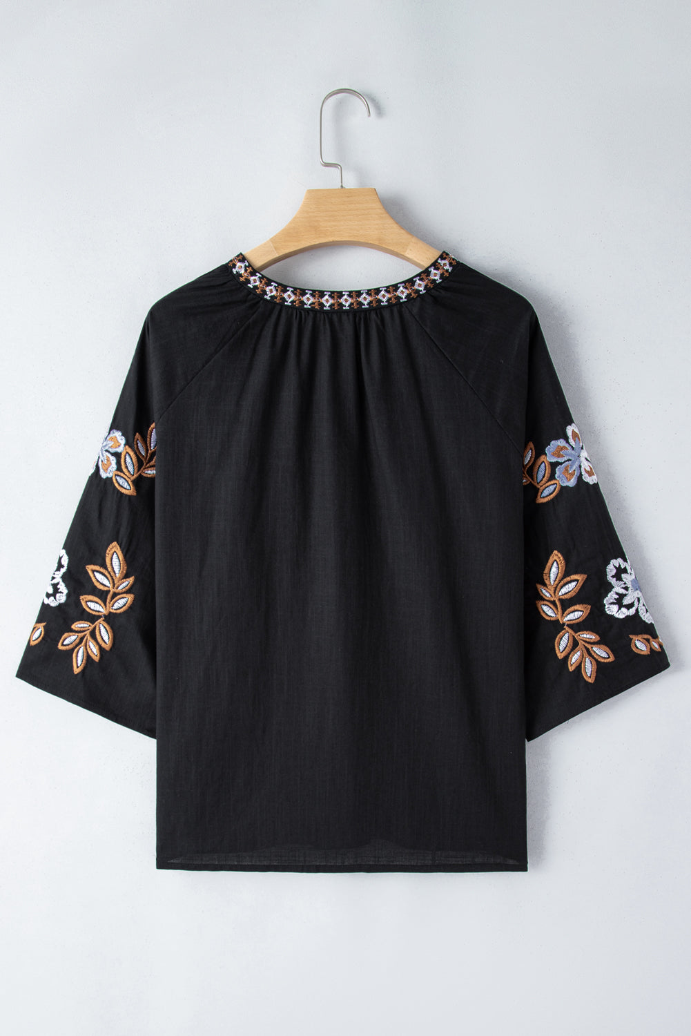Black Bohemian Floral Embroidered V Neck Blouse