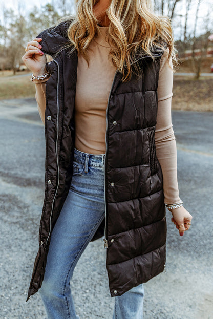 Hooded Puffer Long Vest with Pockets