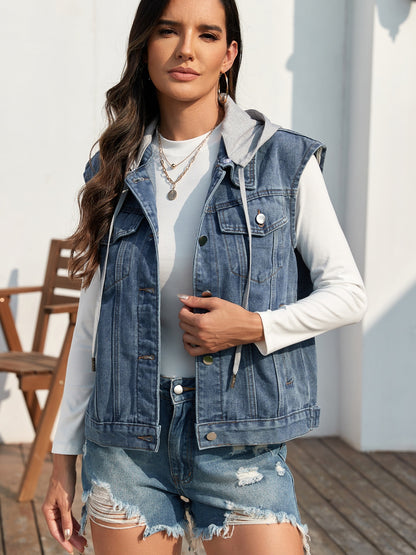 Pocketed Button Up Hooded Denim Vest Jacket