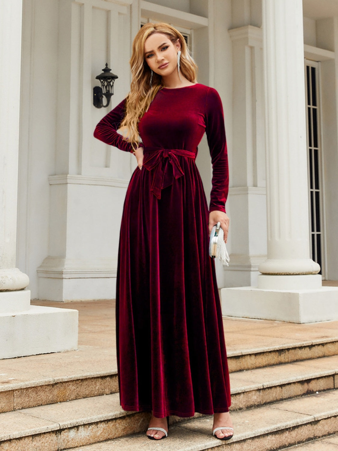 Holiday Tie Front Round Neck Long Sleeve Maxi Dress