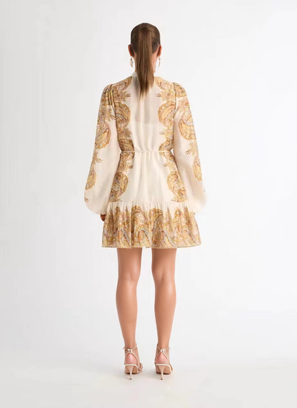 Retro Print Tie-Waist Dress with Lantern Sleeves