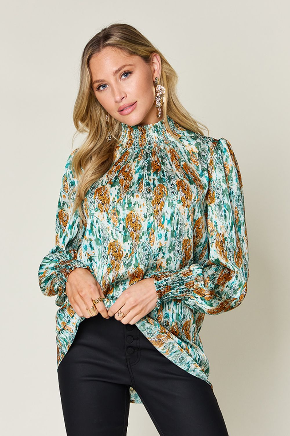 Size Inclusive Printed Smocked Long Sleeve Blouse