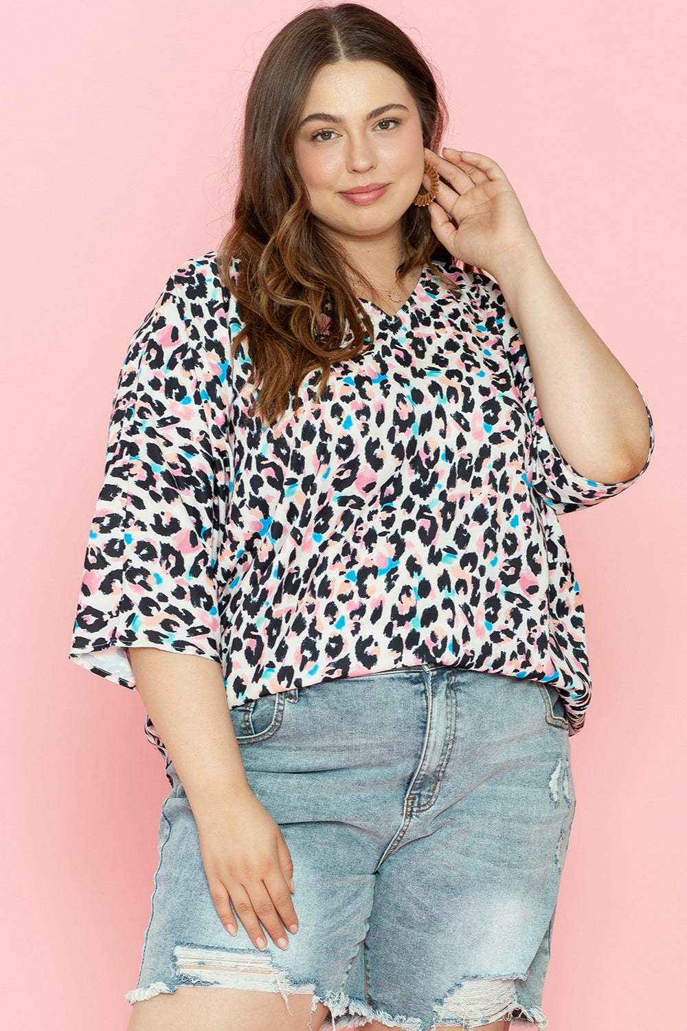 Color Pop Cheetah Size Inclusive Three-Quarter Sleeve Blouse