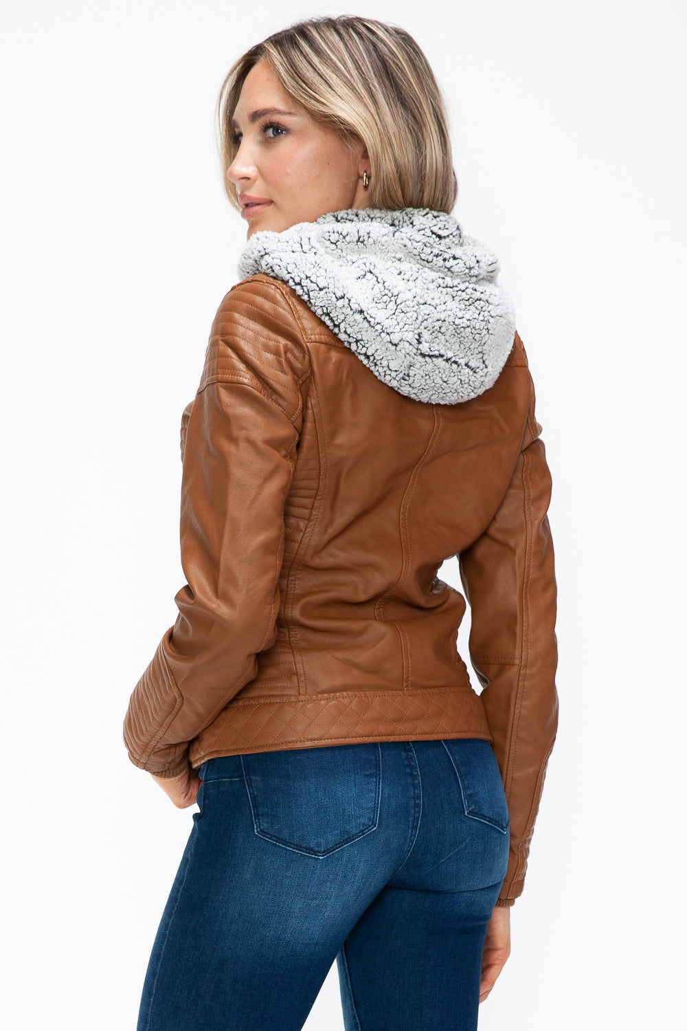 Faux Layered Double-Zipper Jacket with Fuzzy Hood