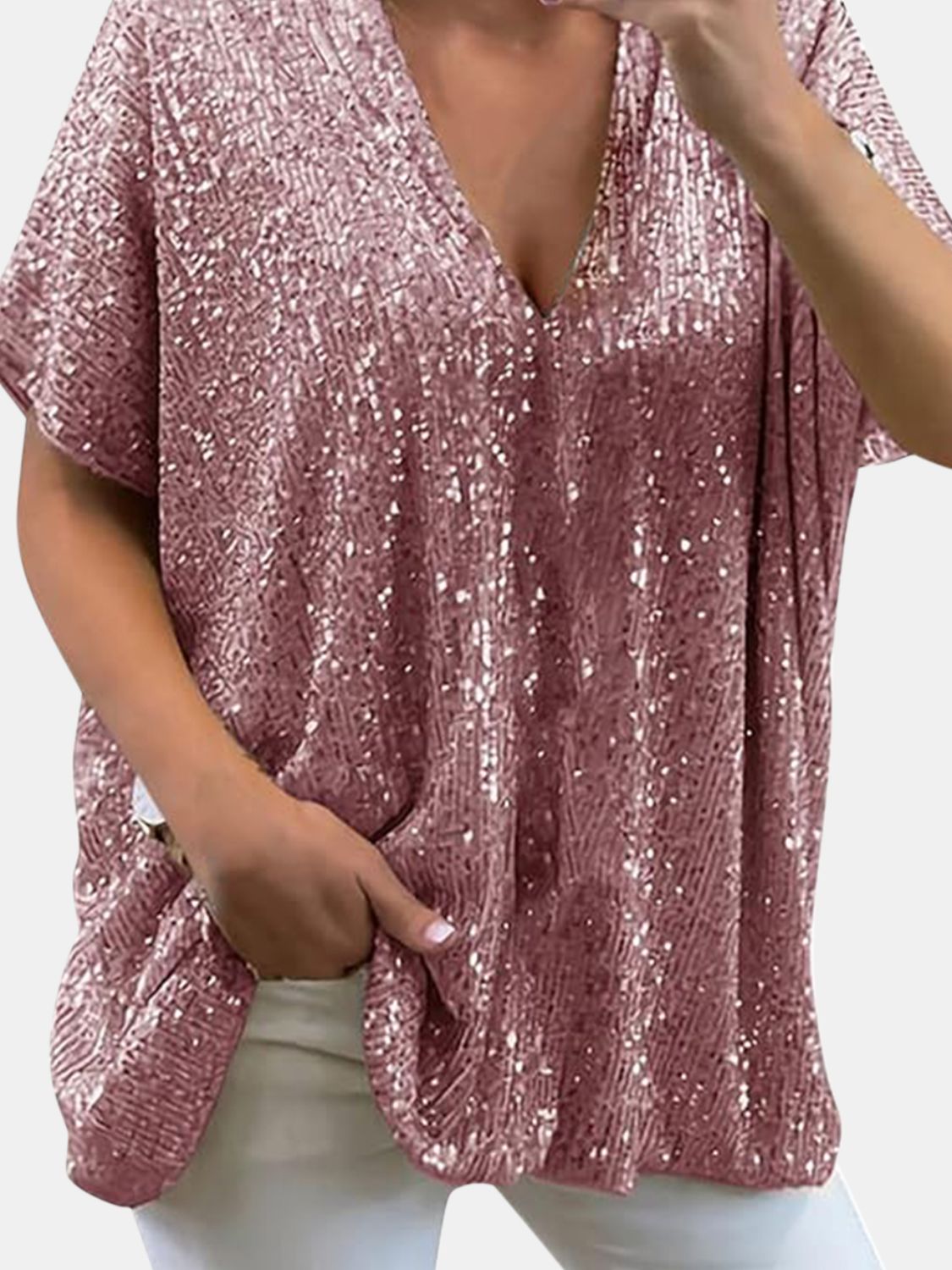 Size Inclusive Sequin V-Neck Short Sleeve Top