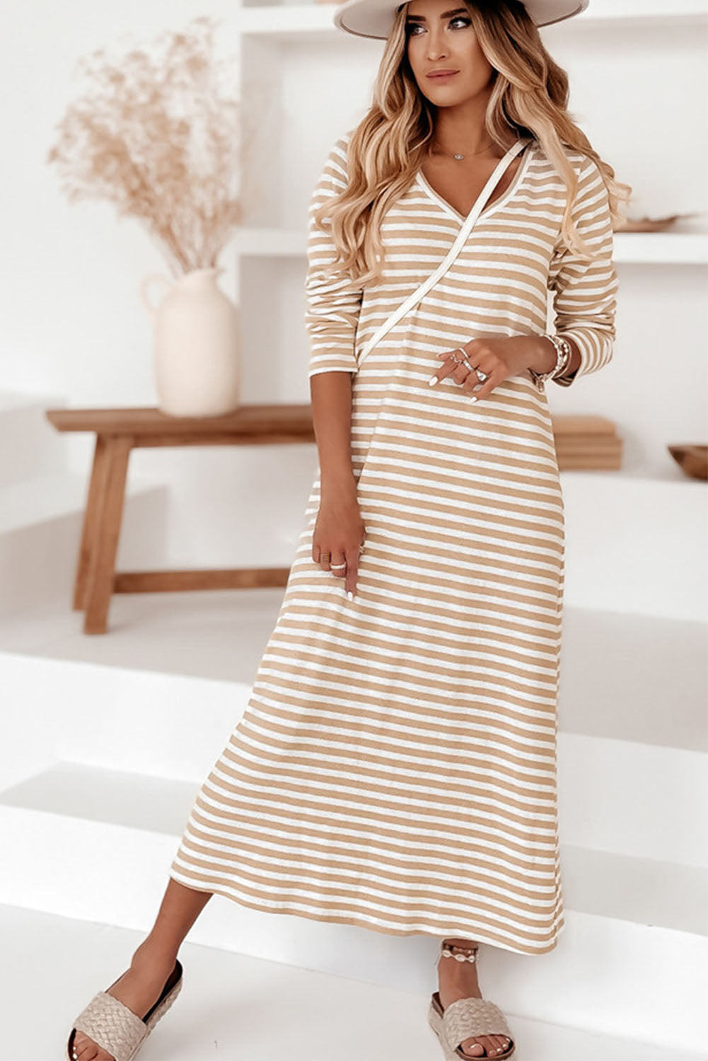 Khaki Striped V-neck Long Sleeve Casual Dress