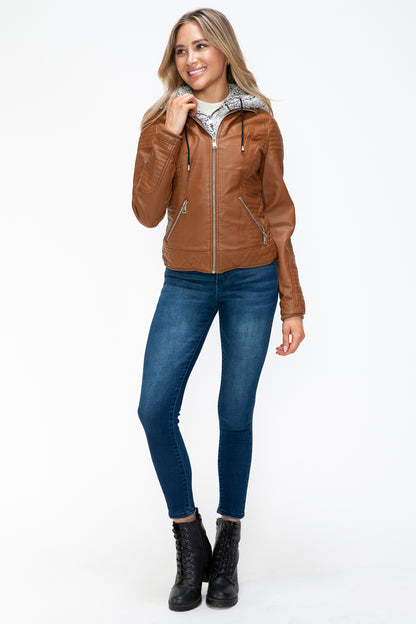 Faux Layered Double-Zipper Jacket with Fuzzy Hood