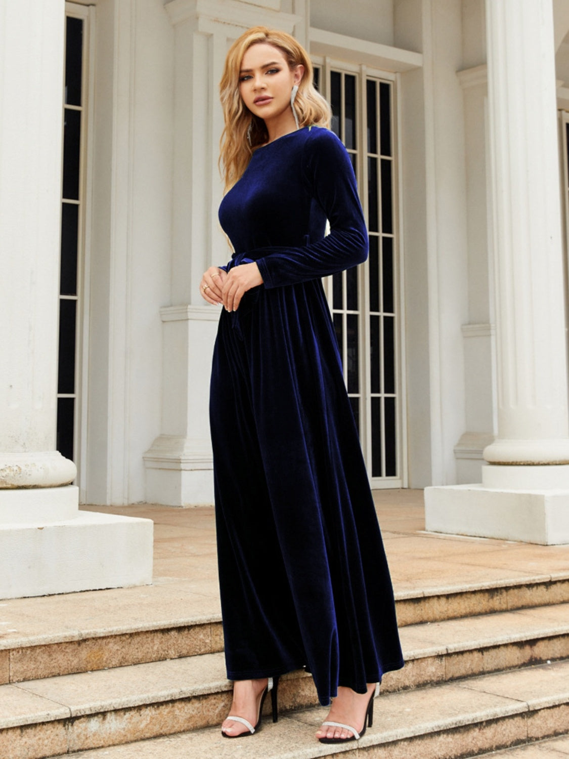 Holiday Tie Front Round Neck Long Sleeve Maxi Dress