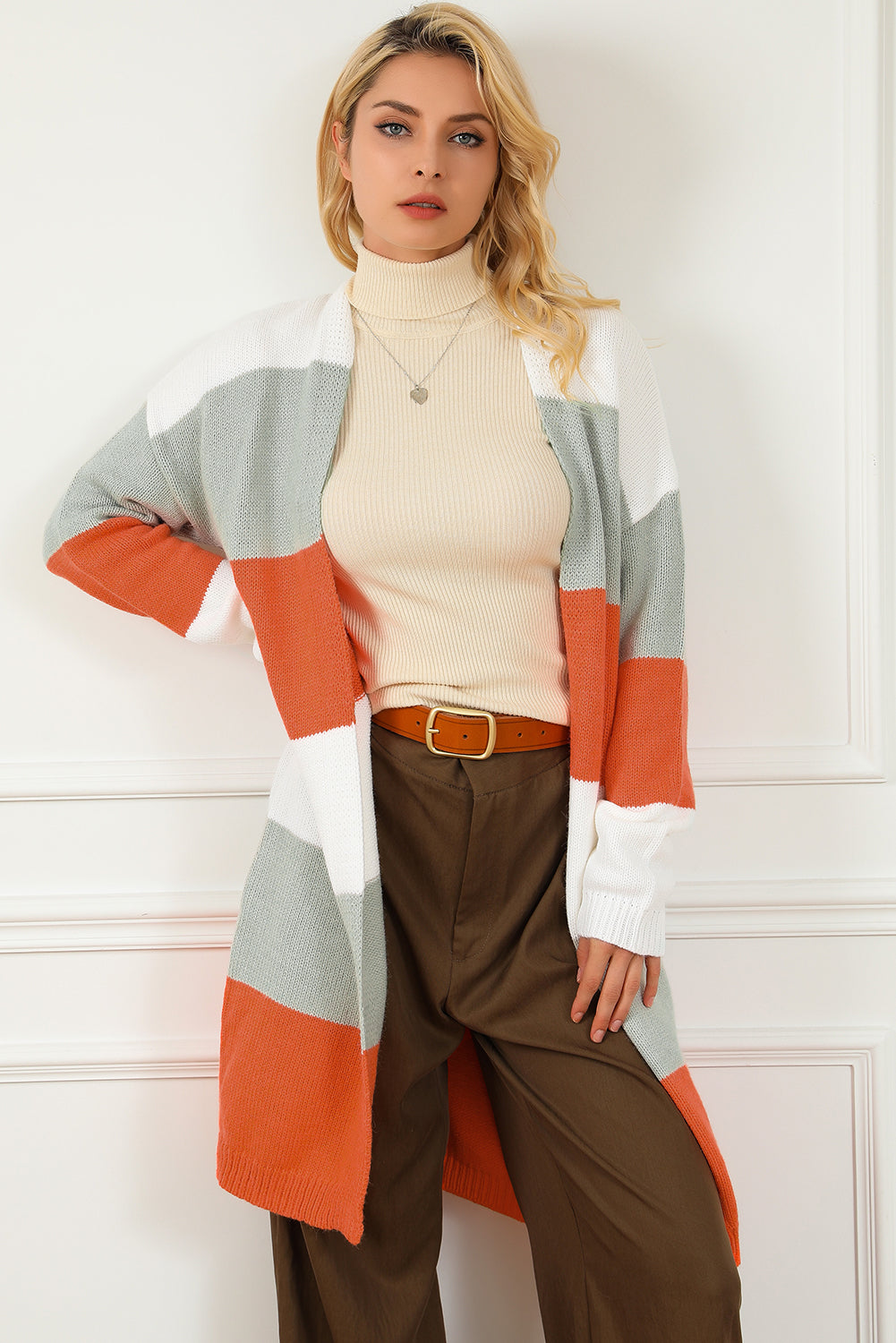 Orange Striped Color Block Drop Shoulder Midi Cardigan