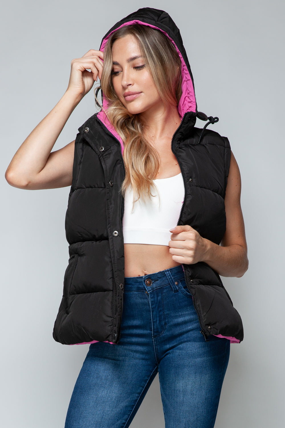 Snobbish Snap and Zip Closure Hooded Contrast Vest