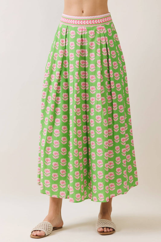 Floral Print Contrast Trim Detail Midi Skirt