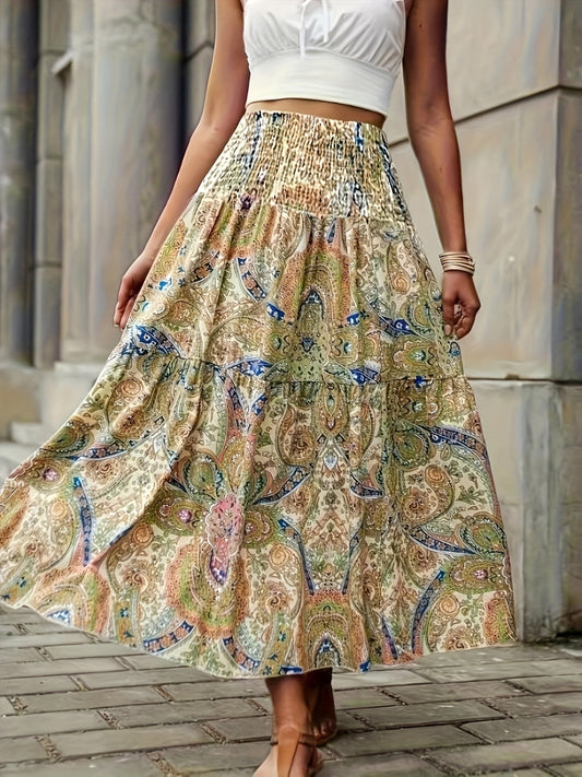 paisley print smocked waistband skirt