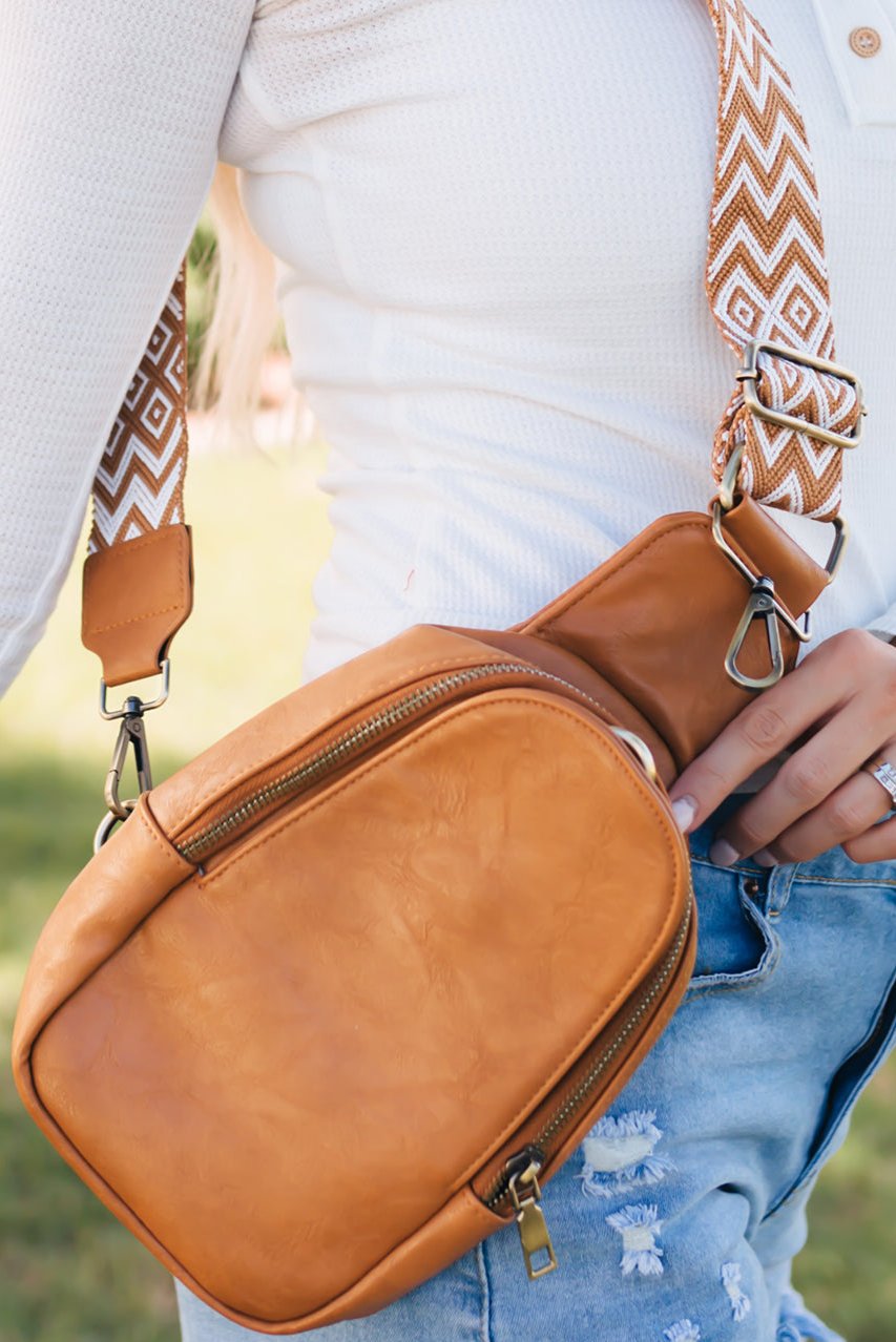 Brown Faux Leather Zipped Crossbody Chest Bag