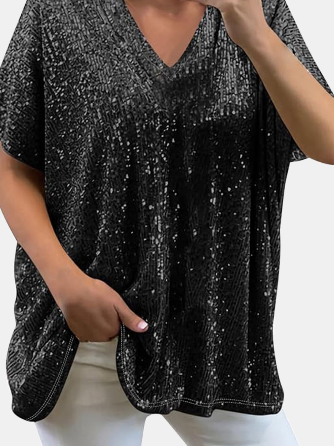 Size Inclusive Sequin V-Neck Short Sleeve Top