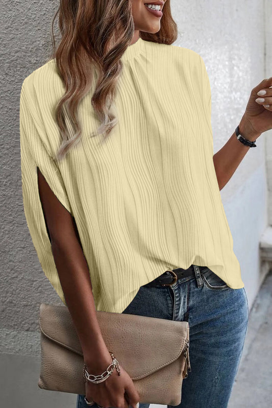 White Wavy Textured Split Sleeve High Neck Blouse