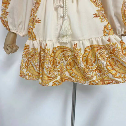 Retro Print Tie-Waist Dress with Lantern Sleeves