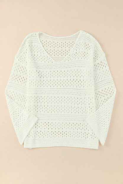 White Crochet V Neck Pullover Sweater