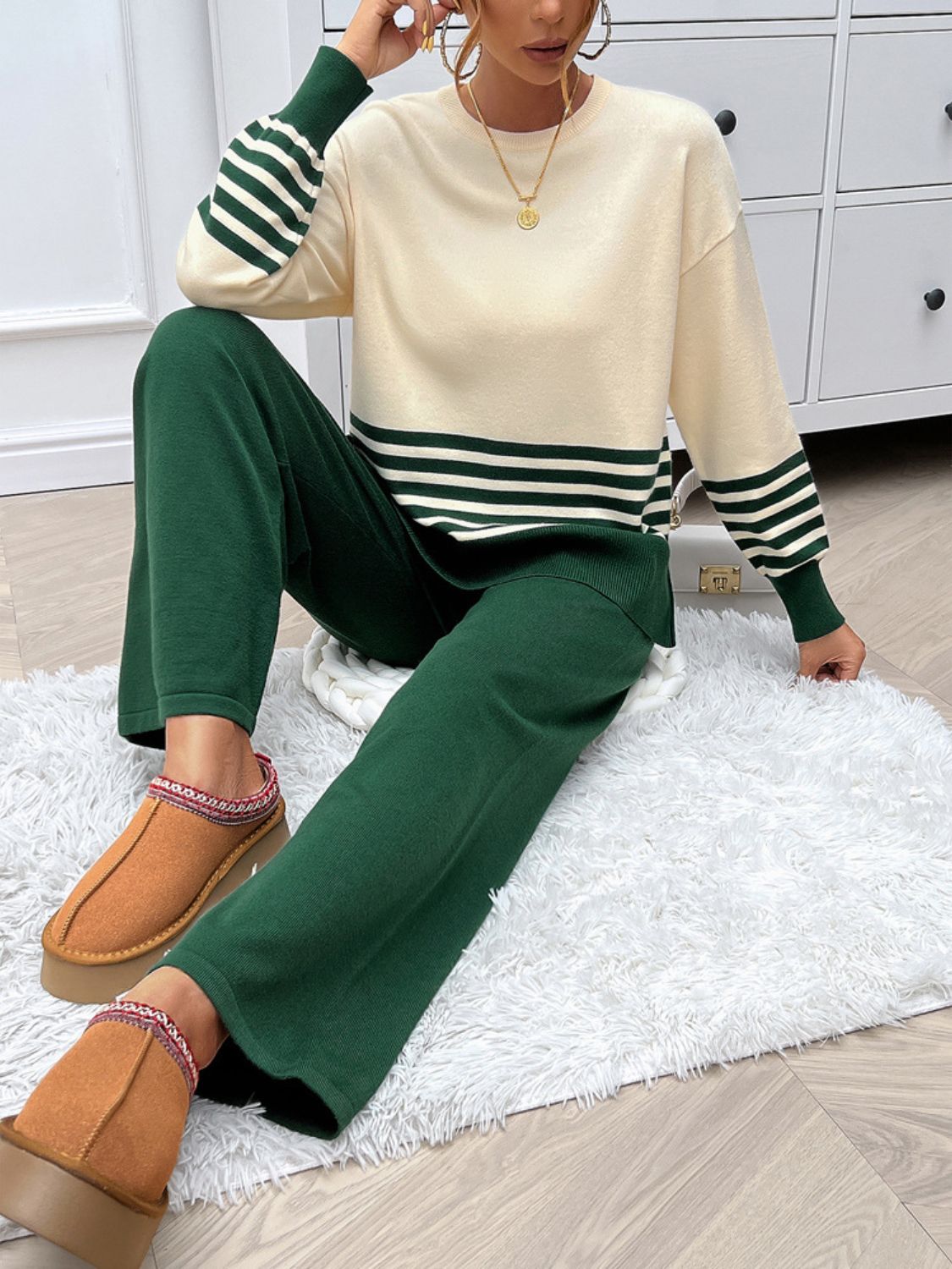 Divine Collection Slit Striped Round Neck Top and Pants Sweater Set