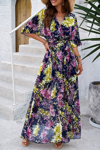 Divine Printed Tied Half Sleeve Slit Dress