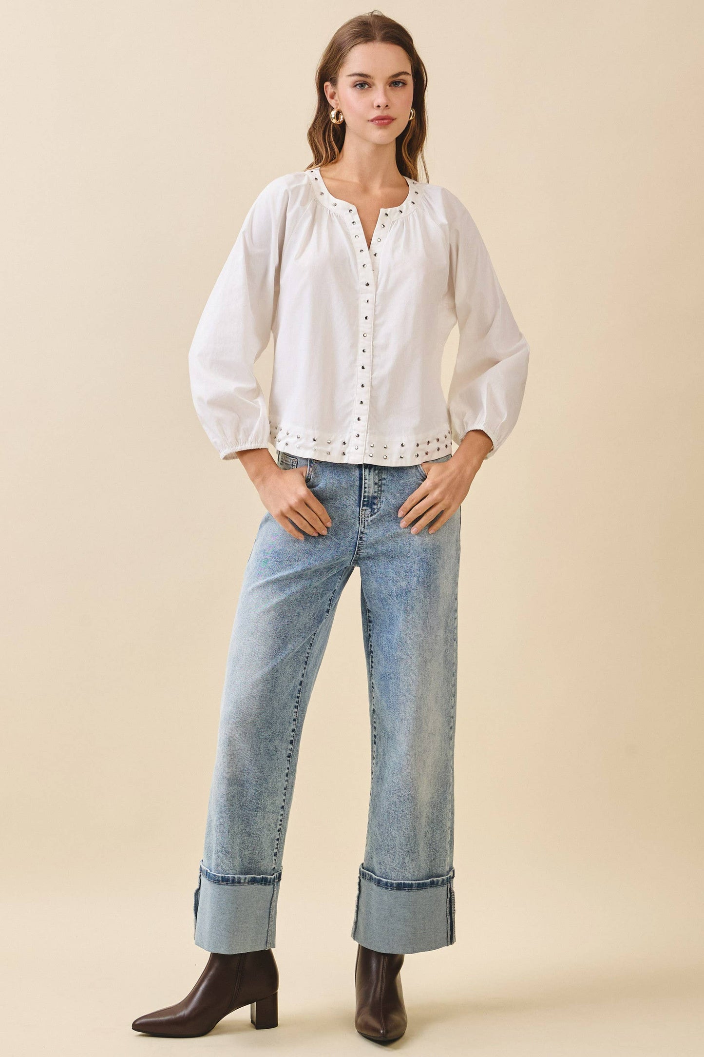 Carissa Silver Stud Embellishments Split Neckline Blouse