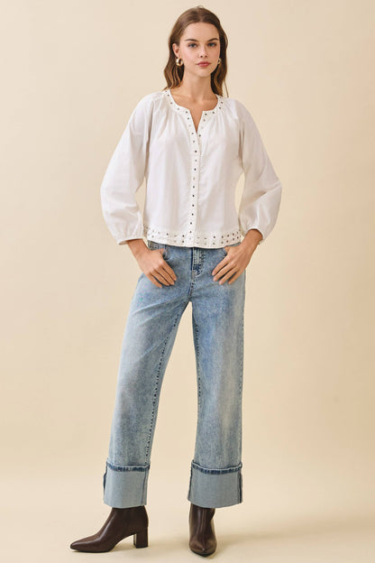 Carissa Silver Stud Embellishments Split Neckline Blouse