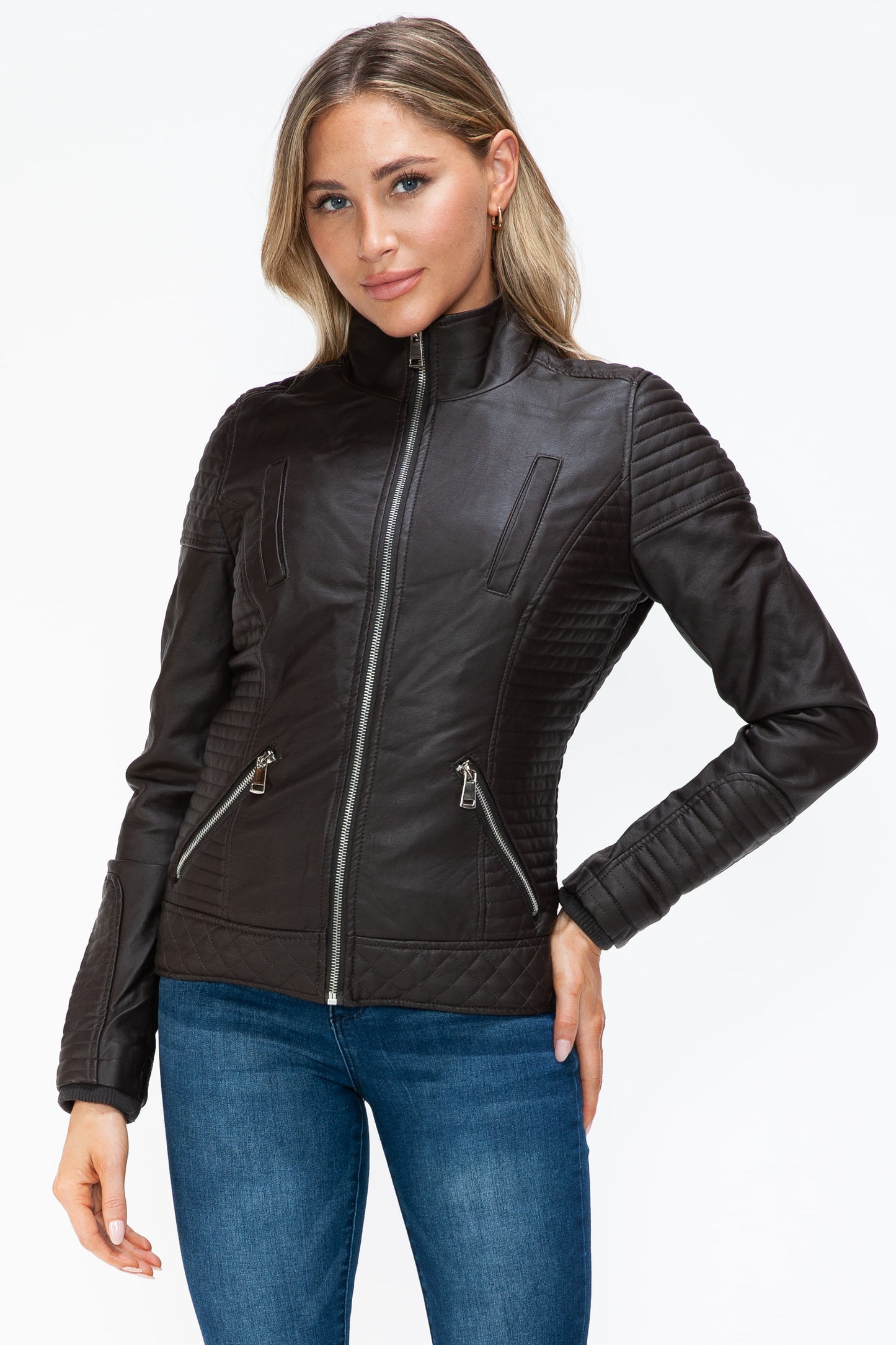 Faux Layered Double-Zipper Jacket with Fuzzy Hood