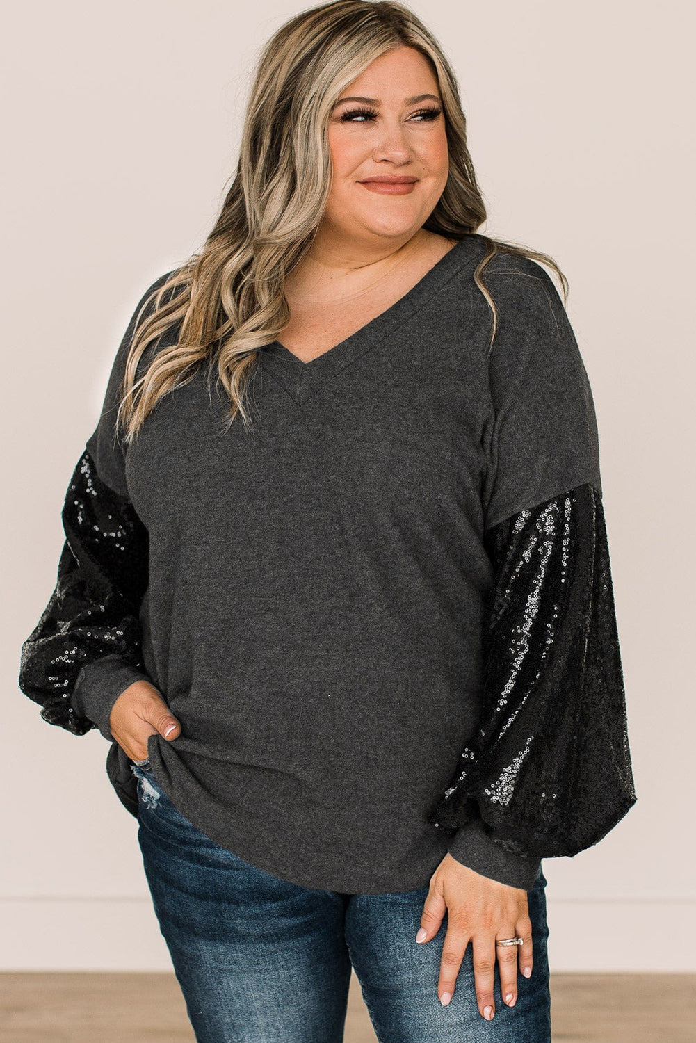 Black Sequin Bubble Sleeve V Neck Knit Top