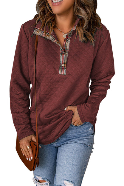 Fiery Red Geometric Texture Plaid Trim Sweatshirt