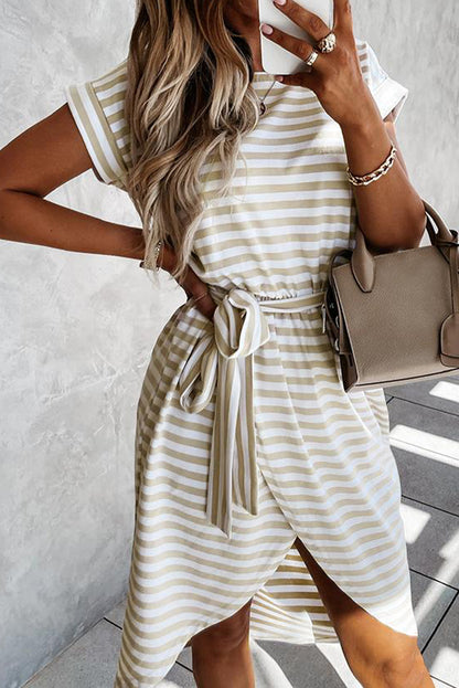 Khaki Stripe Short Sleeve Belted Wrapped Hemline T-Shirt Dress