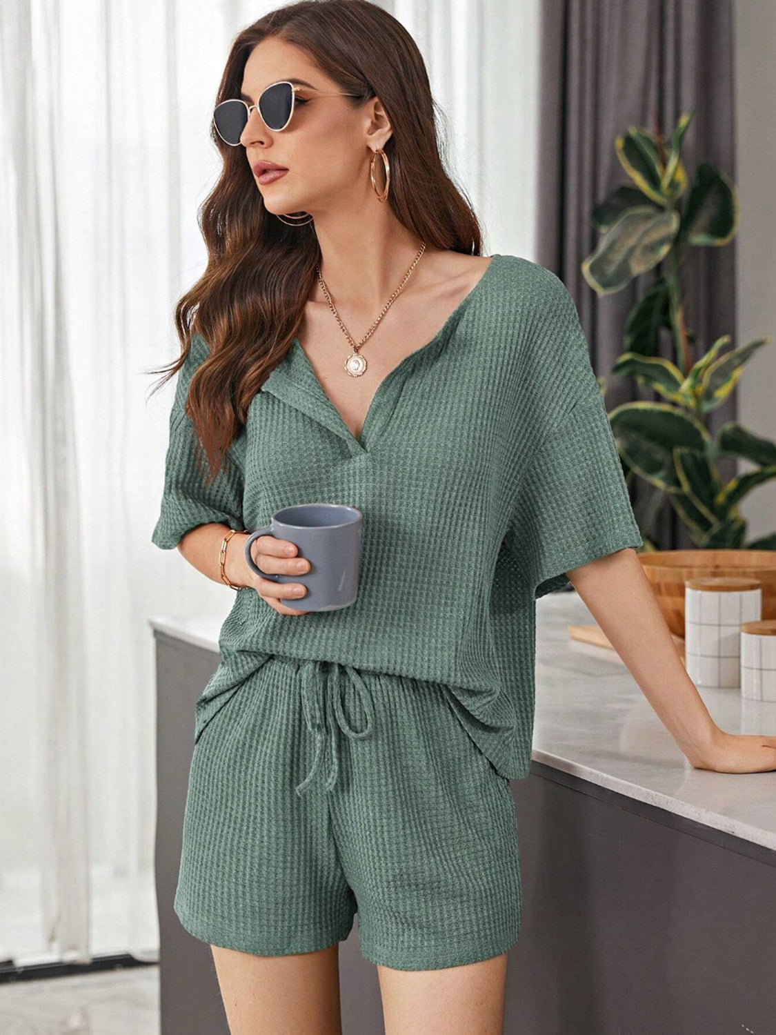 Size Inclusive Waffle-Knit Dropped Shoulder Top and Shorts Set