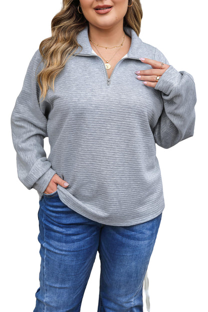 Light Grey Quarter Zipper Collared Ribbed Knit Size InclusiveTop
