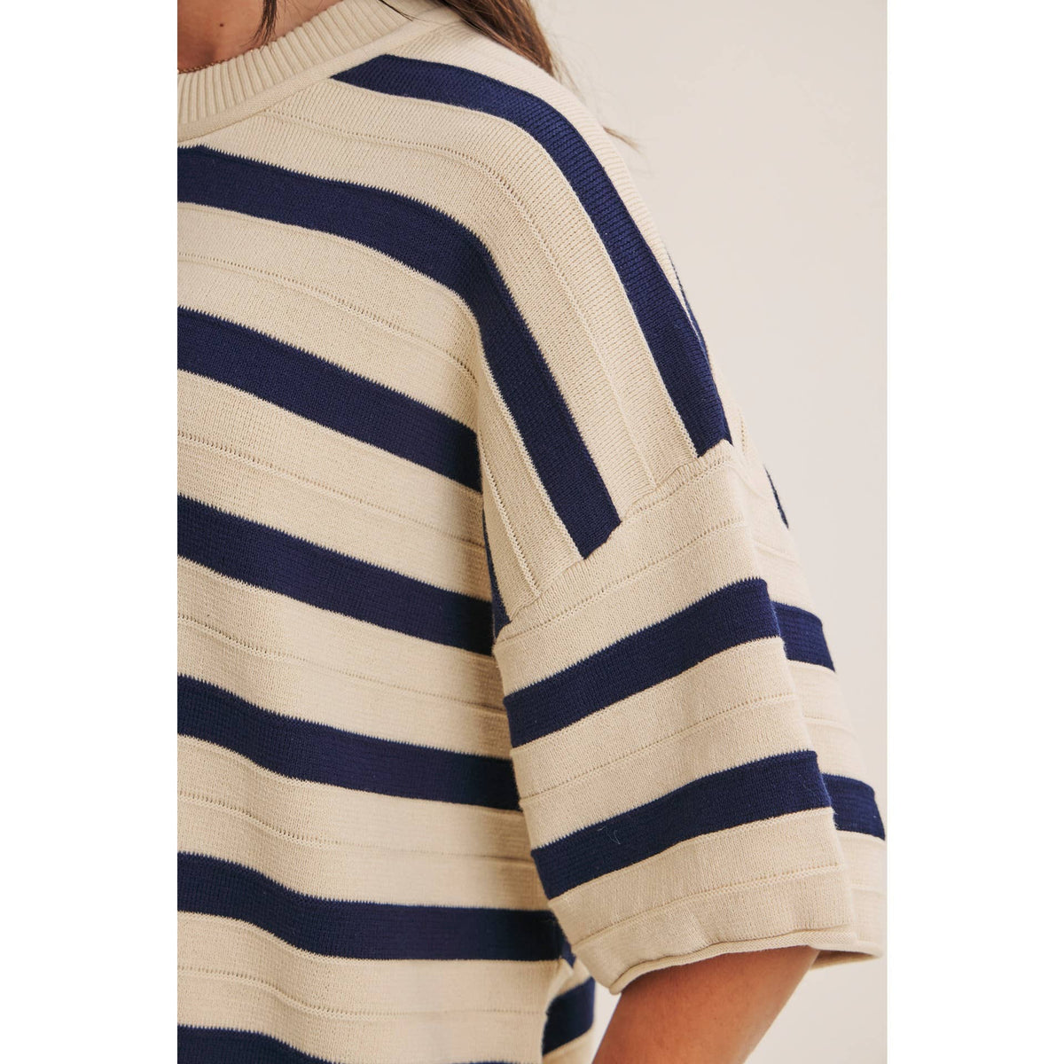 WEEKEND IN CANNES SOFT DRAPE COTTON STRIPE RELAXED SWEATER