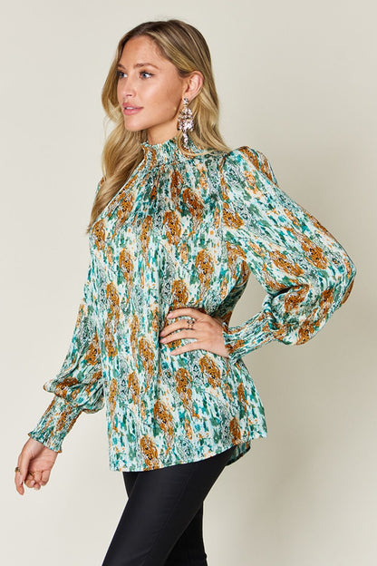 Size Inclusive Printed Smocked Long Sleeve Blouse