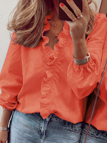 Size Inclusive Ruffled V-Neck Long Sleeve Blouse