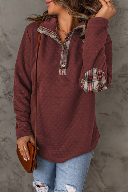 Fiery Red Geometric Texture Plaid Trim Sweatshirt