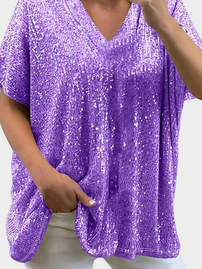 Size Inclusive Sequin V-Neck Short Sleeve Top