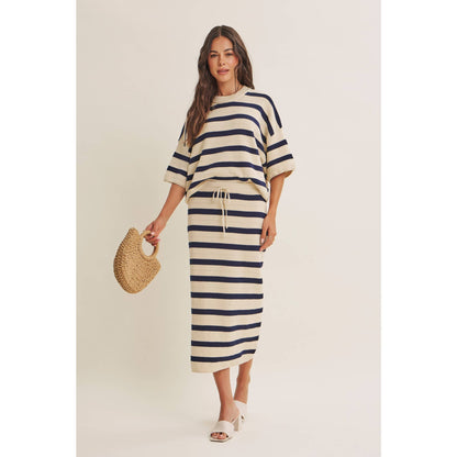 WEEKEND IN CANNES SOFT DRAPE COTTON STRIPE RELAXED SWEATER