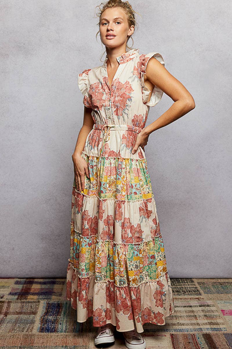 Camelia V-Neck Sleeveless Ruffle Floral Printed Maxi Dress