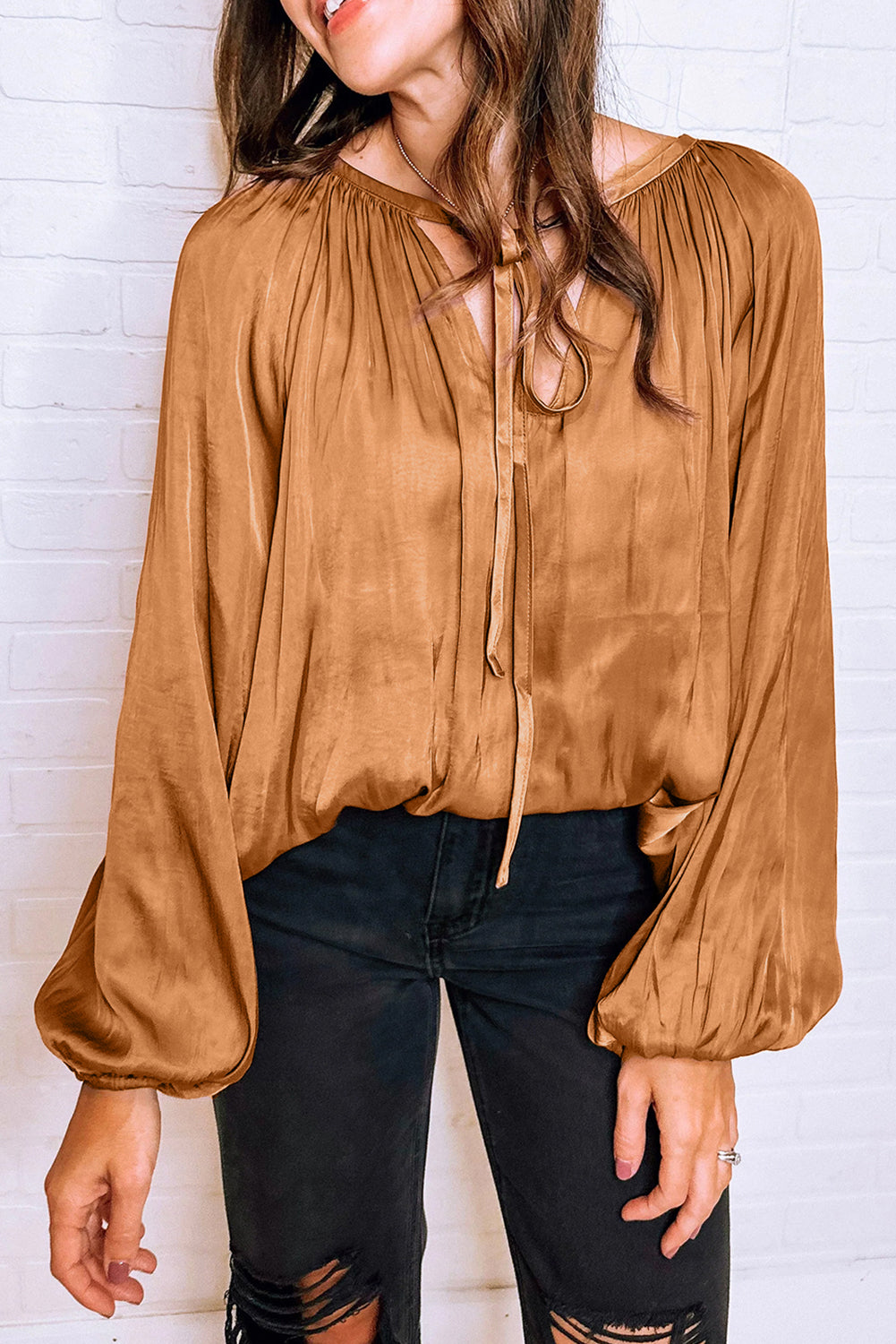 Camel V Neck Pleated Lantern Sleeve Blouse