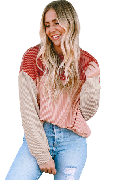 Red Color Block Long Sleeve Ribbed Loose Top